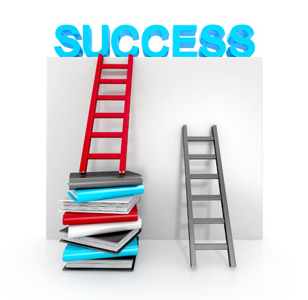 ladders and books up to success. business concept. 3d illustration isolated on white backgroundの写真素材