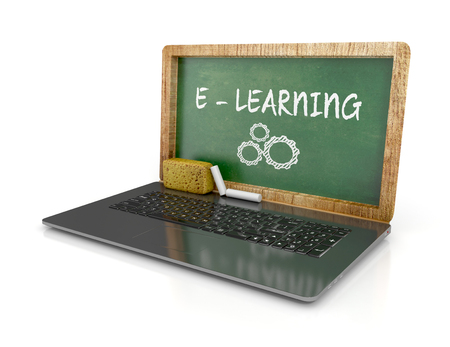 e-learning web concept. Laptop with chalkboard and sponge. 3d illustrationの写真素材