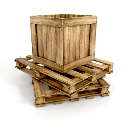 open wooden box on wooden pallets Isolated on white background. 3d rendering.の写真素材