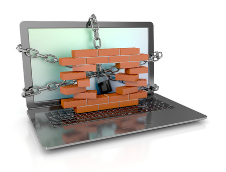 Internet security concept, Broken Firewall on laptop in chain and lock.の写真素材
