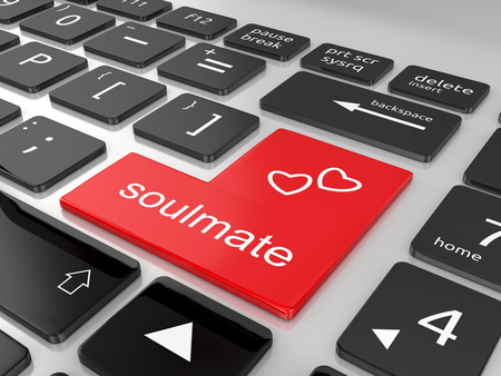 online love concept with red button on computer keyboard. searching for soulmate. 3d illustrationの写真素材