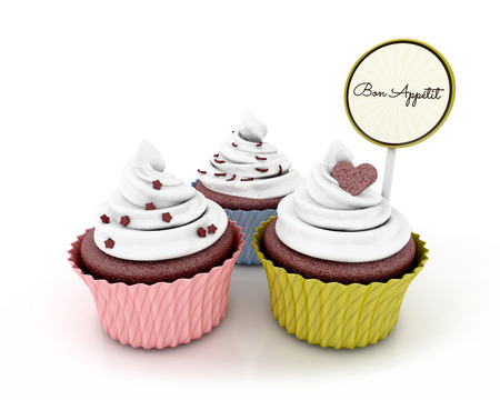 Cupcakes with gift card. 3d illustrationの写真素材