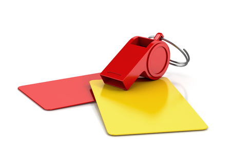 yellow and red card, and a whistle isolated on white background. football concept. 3d illustrationの写真素材