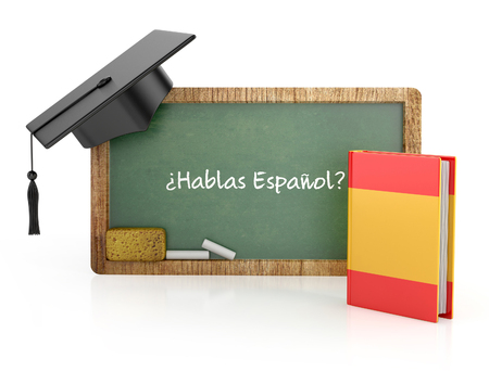 Graduation hat, Chalkboard, learning Spanish language concept. 3d illustrationの写真素材