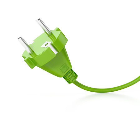 green electric plug with cable on white backgroundの写真素材