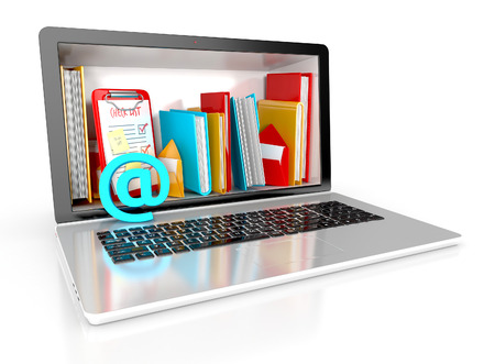 books, checklist, emails, sticky notes and other data inside computer. 3d render isolated on white background.の写真素材