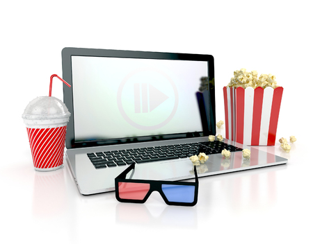 cinematography concept. watching movies on laptop with 3d glasses and snacks. 3d render isolated on white backgroundの写真素材