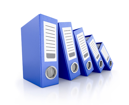 A group of blue ring binders. 3d illustration isolated on white background.の写真素材