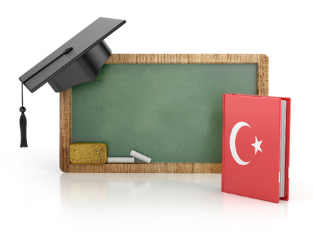 Chalkboard, Turkish learning concept with grammar book. 3d illustration isolatedの写真素材