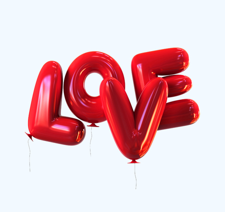 Red LOVE Balloons with glossy reflections isolated. 3d renderingの写真素材