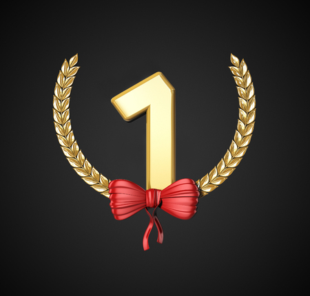 laurel wreath, first place, gold. 3d render illustration isolated on black backgroundの写真素材