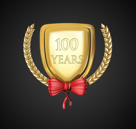 laurel wreath 100 years with red bow. Anniversary Concept. 3d render illustration isolated on black backgroundの写真素材