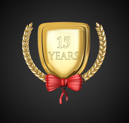 laurel wreath 15 years. Anniversary Concept. 3d render illustration isolated on black backgroundの写真素材