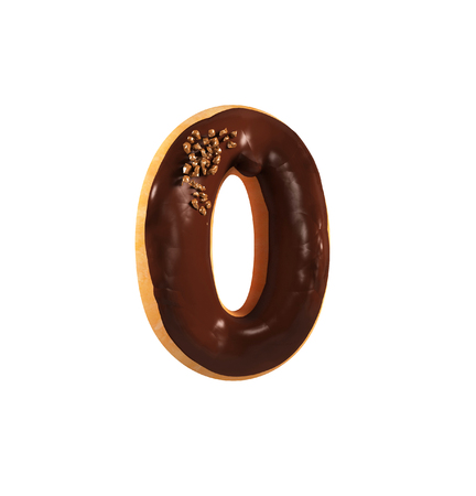 Chocolate Biscuit Donut Font Concept. Delicious Number 0, Zero. 3d rendering isolated on white backgroundの写真素材