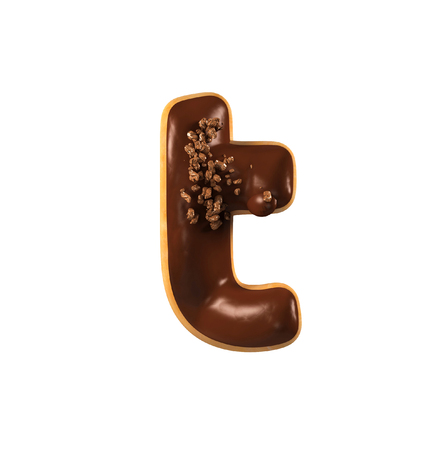 Chocolate Donut Font Concept. Delicious Letter T. 3d rendering isolated on white backgroundの写真素材