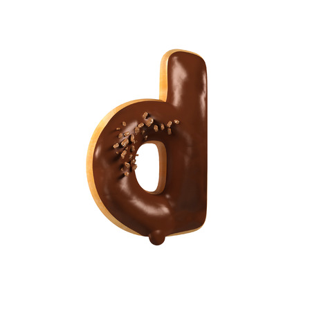 Chocolate Donut Font Concept. Delicious Letter D. 3d rendering isolated on white backgroundの写真素材