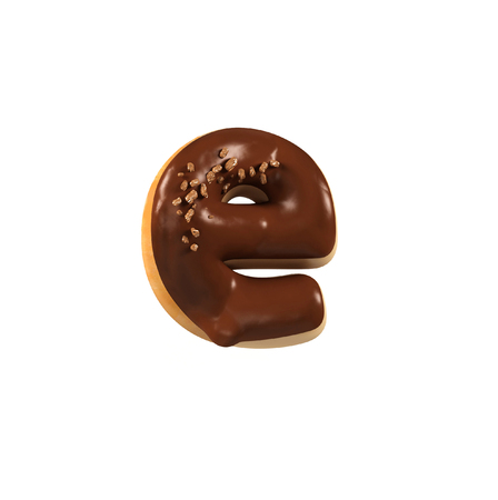 Chocolate Donut Font Concept. Delicious Letter E. 3d rendering isolated on white backgroundの写真素材
