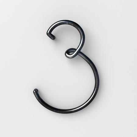 3d realistic Wire Font with shiny reflection and soft shadows. Number Three, 3. 3d rendering isolated.の写真素材