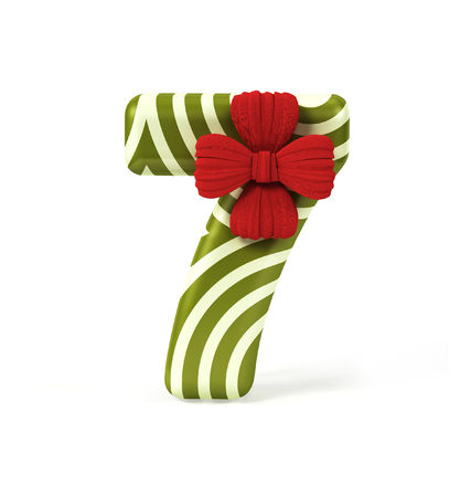 Number 7, Seven decorated as Gift Box with Red Ribbon isolated on White Background. Font Concept with Xmas Color Scheme. 3d rendering illustrationの写真素材
