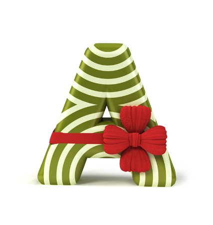 Letter A decorated as Gift Box with Red Ribbon isolated on White Background. Font Concept with Xmas Color Scheme. 3d rendering illustrationの写真素材