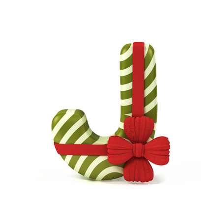 Letter J decorated as Gift Box with Red Ribbon isolated on White Background. Font Concept with Xmas Color Scheme. 3d rendering illustrationの写真素材