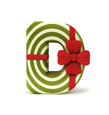 Letter D decorated as Gift Box with Red Ribbon isolated on White Background. Font Concept with Xmas Color Scheme. 3d rendering illustrationの写真素材