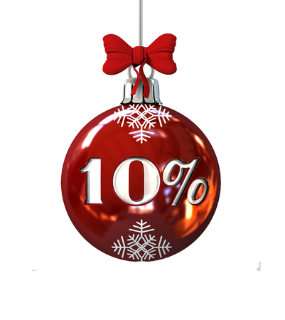 Red Christmas Ball with 10% discount . Seasonal Sale Concept. 3d Rendering Isolated on White Backgroundの写真素材