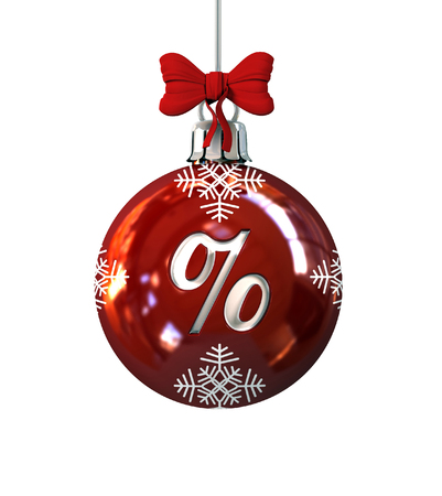 Red Christmas Ball with Percentage Symbol on it . Seasonal Discount Concept. 3d Rendering Isolated on White Background.の写真素材
