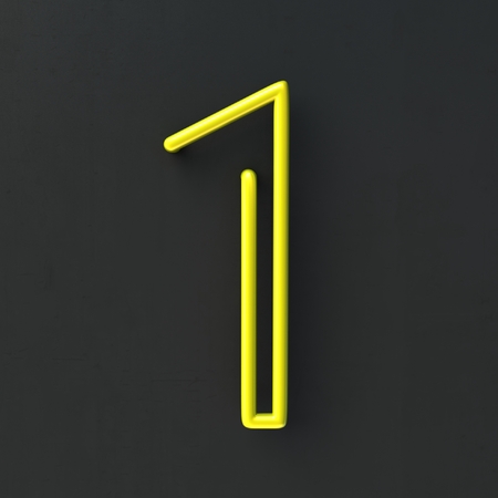 3d glowing Wire Neon Font with soft shadows on dark background. Number 1, One. 3d rendering isolated.の写真素材