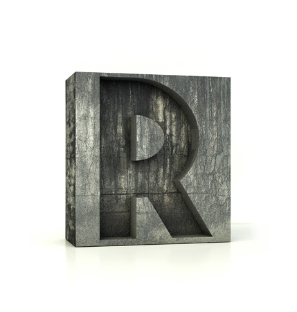 Concrete Font, Box Letter R, Alphabet concept. 3d rendering isolated on whiteの写真素材