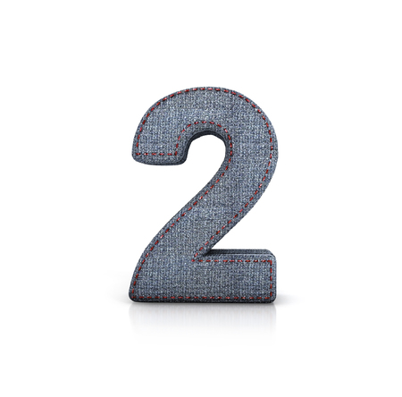 Number 2, Denim - Jeans Font. 3d illustration isolated on white.の写真素材