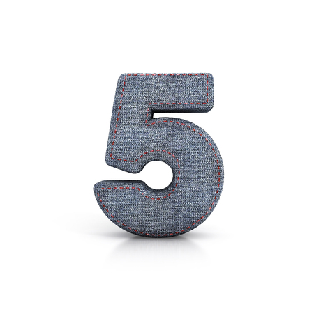 Number 5, Denim - Jeans Font. 3d illustration isolated on white.の写真素材
