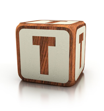 letter T, Wooden Blocks Font isolated on white. 3d Illustration isolatedの写真素材