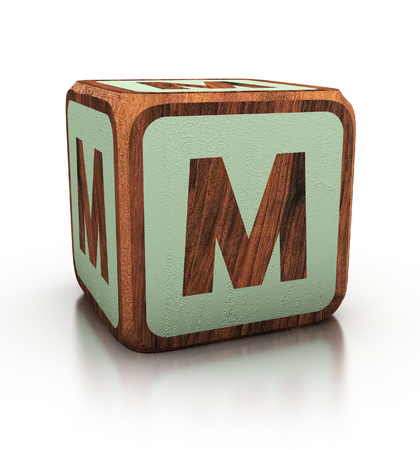 letter M, Wooden Blocks Font isolated on white. 3d Illustration isolatedの写真素材