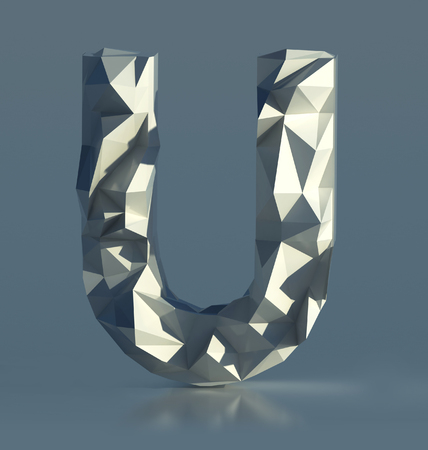 Rocky Font, Letter U, with cliff edges. Polygonal Alphabet. 3d illustration isolatedの写真素材