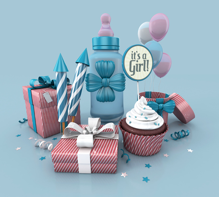 Baby Bottle, Decorated With Ribbon, Birthday Cupcake, Rockets, and Wrap Gifts. Baby Shower Concept Invitation for Baby Girl. 3d render Illustration Isolated On Blue Backgroundの写真素材