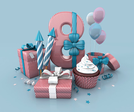 Number Eight, 8, Decorated With Ribbon, Birthday Cupcake, Rockets, and Wrap Gifts. Birthday Concept Invitation. 3d render Illustration Isolated On Blue Backgroundの写真素材