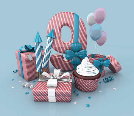 Number Nine, 9, Decorated With Ribbon, Birthday Cupcake, Rockets, and Wrap Gifts. Birthday Concept Invitation. 3d render Illustration Isolated On Blue Backgroundの写真素材