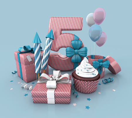 Number Five, 5, Decorated With Ribbon, Birthday Cupcake, Rockets, and Wrap Gifts. Birthday Concept Invitation. 3d render Illustration Isolated On Blue Backgroundの写真素材