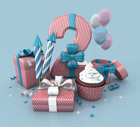 Number Two, 2, Decorated With Ribbon, Birthday Cupcake, Rockets, and Wrap Gifts. Birthday Concept Invitation. 3d render Illustration Isolated On Blue Backgroundの写真素材