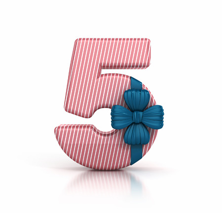Number 5, decorated with Ribbon isolated on white background. Giftbox Font. 3d render illustration isolatedの写真素材