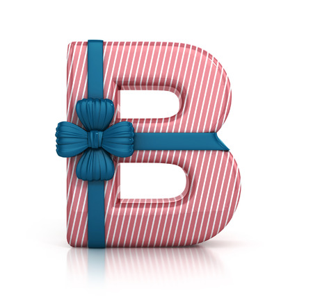 Colorful Letter B decorated with Ribbon isolated on white background. giftbox font. 3d render illustrationの写真素材