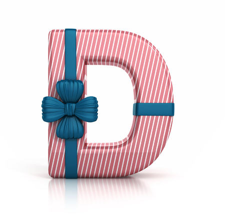 Colorful Letter D decorated with Ribbon isolated on white background. giftbox font. 3d render illustrationの写真素材