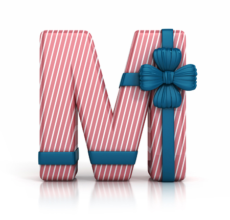 Colorful Letter M decorated with Ribbon isolated on white background. giftbox font. 3d render illustrationの写真素材