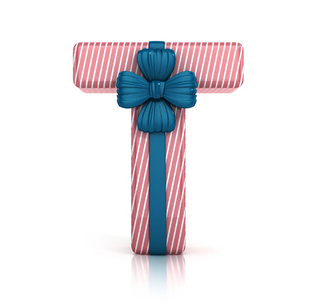 Colorful Letter T decorated with Ribbon isolated on white background. giftbox font. 3d render illustrationの写真素材
