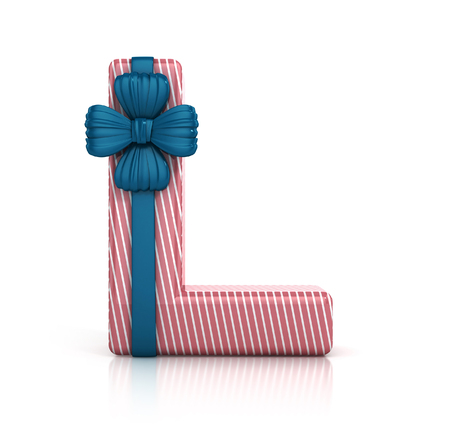 Colorful Letter L decorated with Ribbon isolated on white background. giftbox font. 3d render illustrationの写真素材