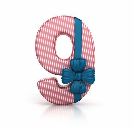 Number 9, decorated with Ribbon isolated on white background. Giftbox Font. 3d render illustration isolatedの写真素材