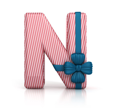 Colorful Letter N decorated with Ribbon isolated on white background. giftbox font. 3d render illustrationの写真素材