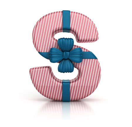 Colorful Letter S decorated with Ribbon isolated on white background. giftbox font. 3d render illustrationの写真素材