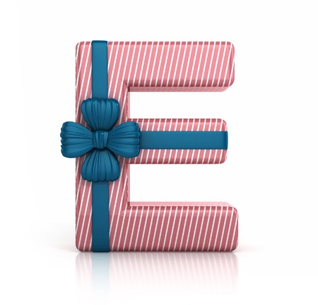 Colorful Letter E decorated with Ribbon isolated on white background. giftbox font. 3d render illustrationの写真素材